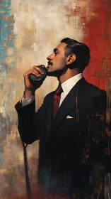 Dapper orator with vintage mic against burning brushstrokes.