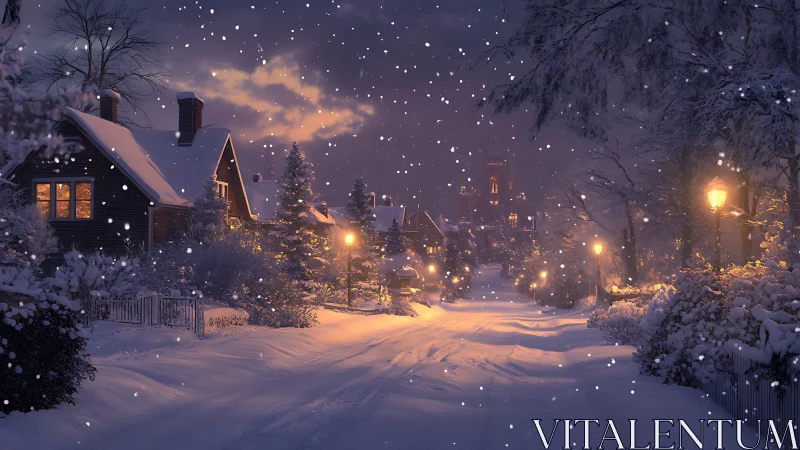 Snow-laden residential street rendered in warm nocturnal lighting