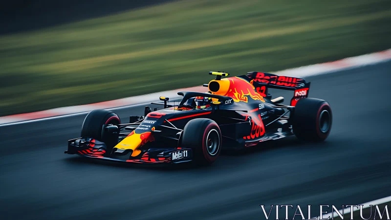 Formula 1 car powers through corner with vivid livery.