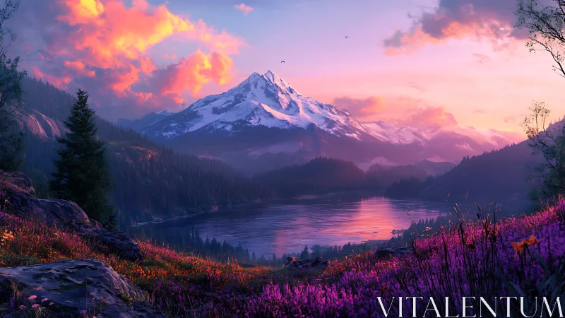 Blossoming dusk over crystal lake beneath snowy guardians.