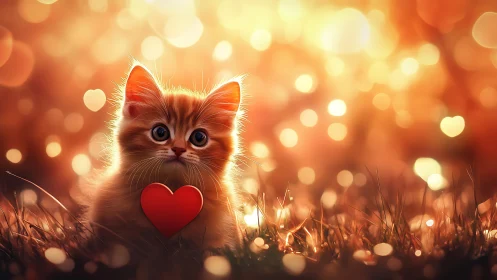 Digital feline with heart symbol rendered against warm bokeh background