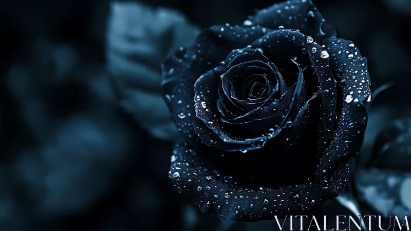 Midnight blue rose macro with dewdrops in soft focus.