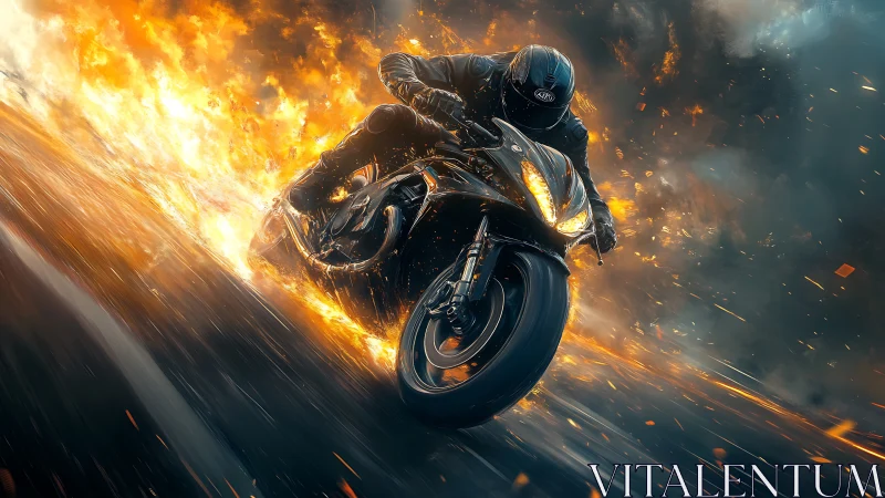 Motorcycle rider carves blazing line through erupting firestorm