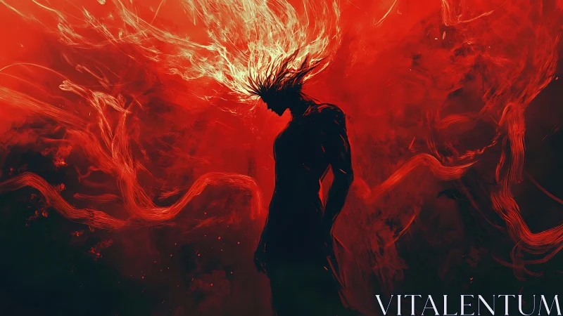 Flaming silhouette walks through a storm of swirling red energy