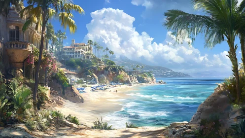 Digital painting of Mediterranean clifftop villas and azure bay.