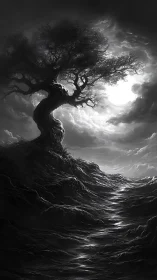 Monochrome twisted tree silhouettes against high-contrast lunar backlight