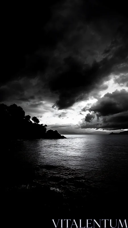 High-contrast monochrome seascape captures storm-lit horizon