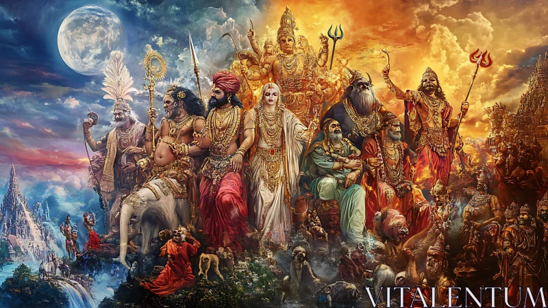 Celestial council of gods dividing moonlit calm and blazing war.