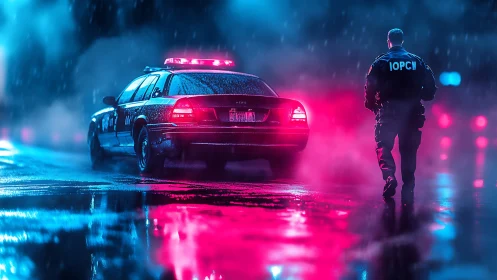 Police officer by patrol car on wet neon lit city street.