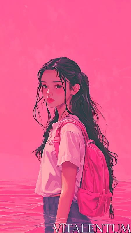 Girl with backpack standing in vivid pink water scene.