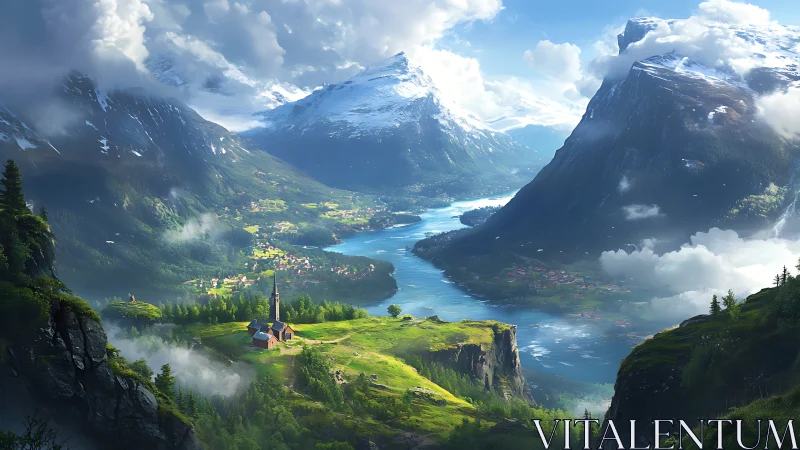 Mountain valley river with village and church is depicted