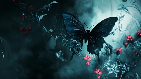 Nocturnal cyan butterfly contrasts with luminous scarlet blooms