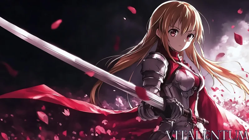 Crimson petals orbit a resolute anime knight in mid-swing