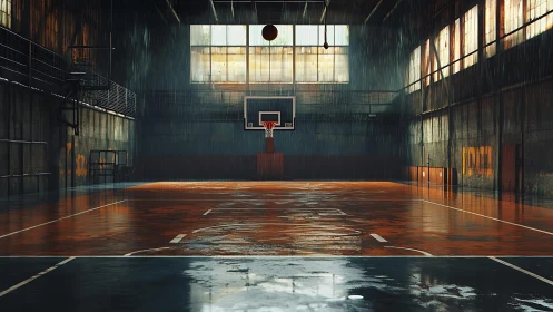 Rain-soaked indoor basketball court under moody skylight.