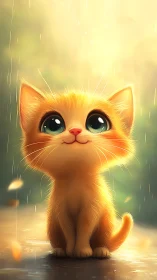 Golden kitten with luminous eyes in rain.