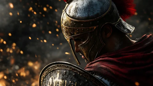 Armored Roman-style soldier profile amid floating embers.