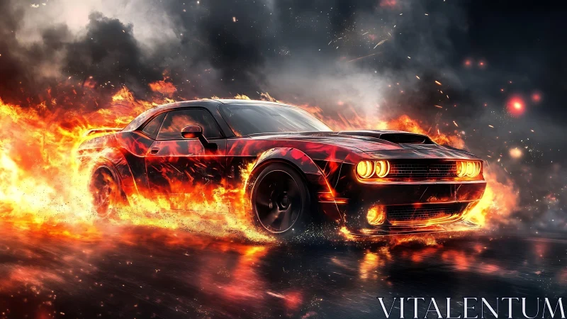 Inferno-charged muscle car blazing through neon storm.