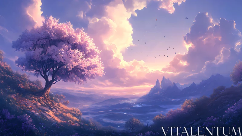 Solitary blooming tree above distant valley at sunset.