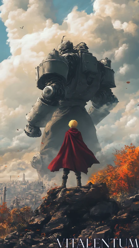 Child in red cloak faces towering steampunk robot calmly