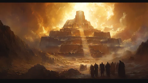Colossal sunlit ziggurat towers over pilgrims in desert haze