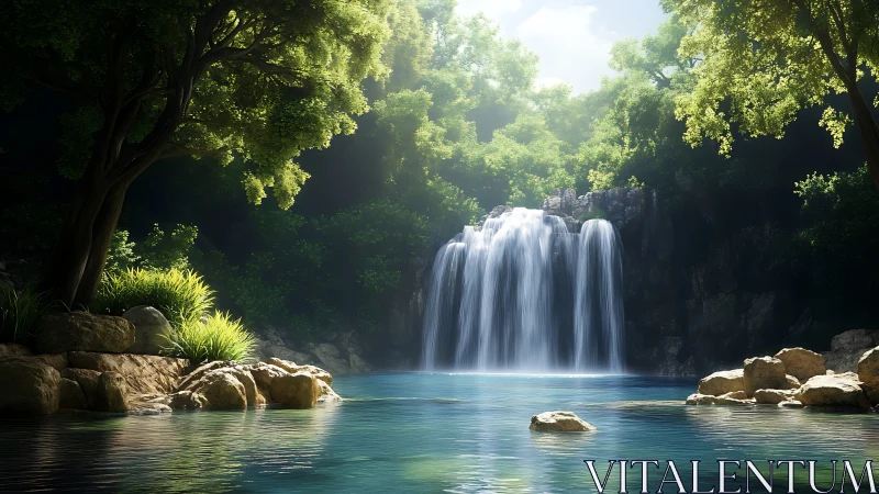 Sunlit forest waterfall spills into a tranquil blue lagoon.