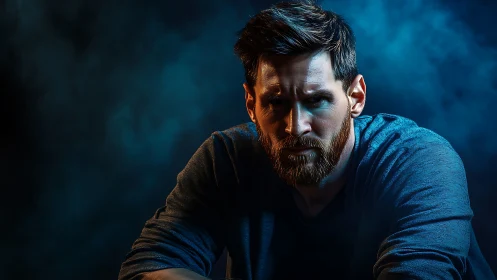 Close cropped male portrait under dramatic blue side lighting.