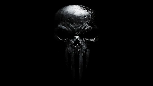 Weathered metallic skull emblem rendered on black background