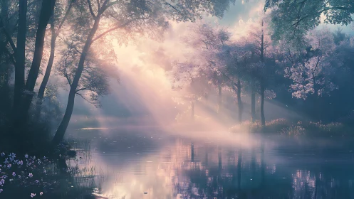 Volumetric dawn light across misted cherry forest lake.