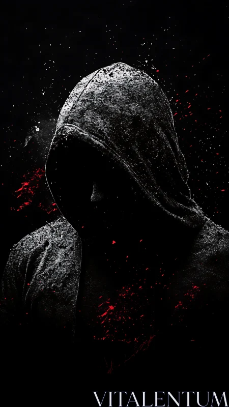 Shadowed hooded figure in dramatic splashes of deep red.