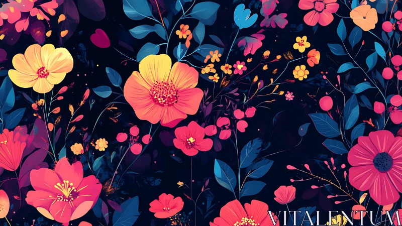 Neon Botanical Illustration: High-Contrast Floral Composition with Saturation