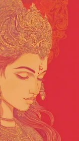 Graceful adorned goddess gazes softly in warm golden hues