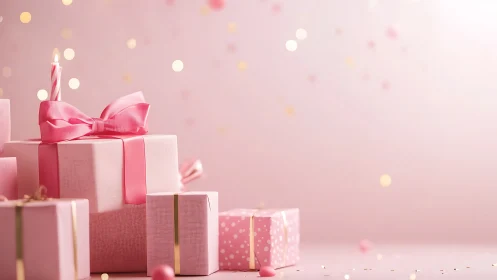 Arrangement of wrapped gift boxes against pink background.