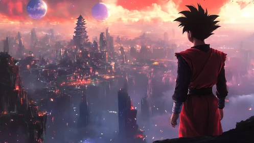 Anime warrior overlooks luminous sci fi city at sunset