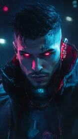 Neon-eyed cyberpunk drifter beneath rain-soaked city glow.