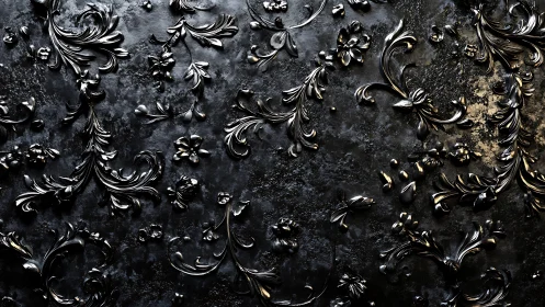 Baroque black floral relief spreads across textured metal wall