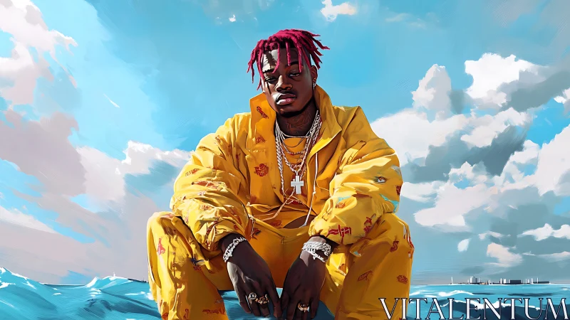 Portrait of streetwear figure in yellow tracksuit against seascape