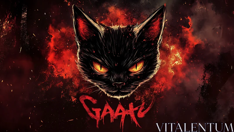 Fiery black cat illustration with glowing yellow eyes.
