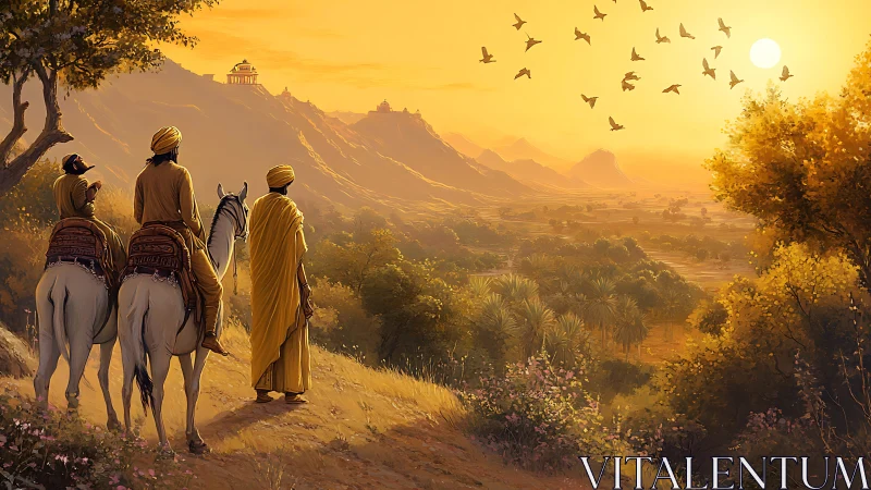 Sunlit desert riders watching distant hilltop temple.