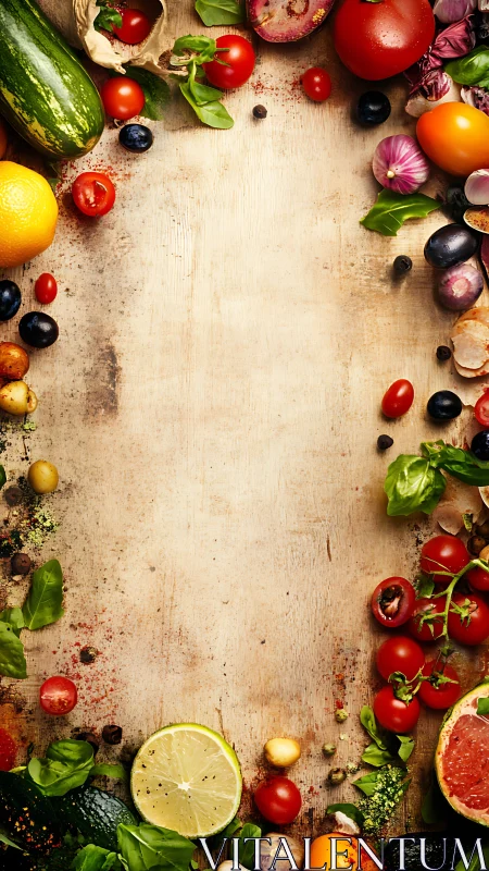Assorted fresh vegetables and fruits framing empty board.