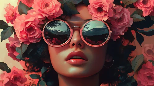 Floral crowned woman in mirrored sunglasses rendered as digital art