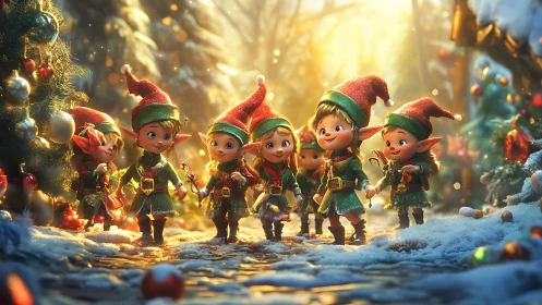 Seven Christmas elves stand in snowy forest lighted path