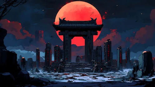 Ruined gate and stone pillars under large red moon.