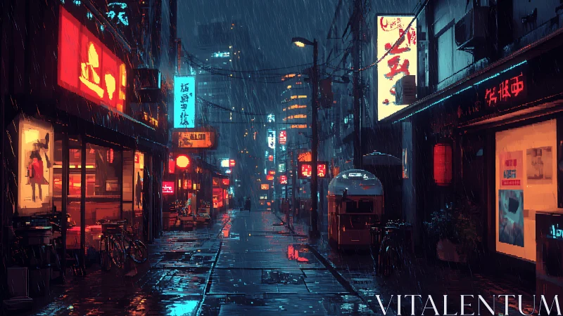 Neon-lit rainy alleyway renders cinematic cyberpunk depth