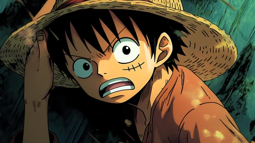 Straw hat anime hero braces against a sudden storm