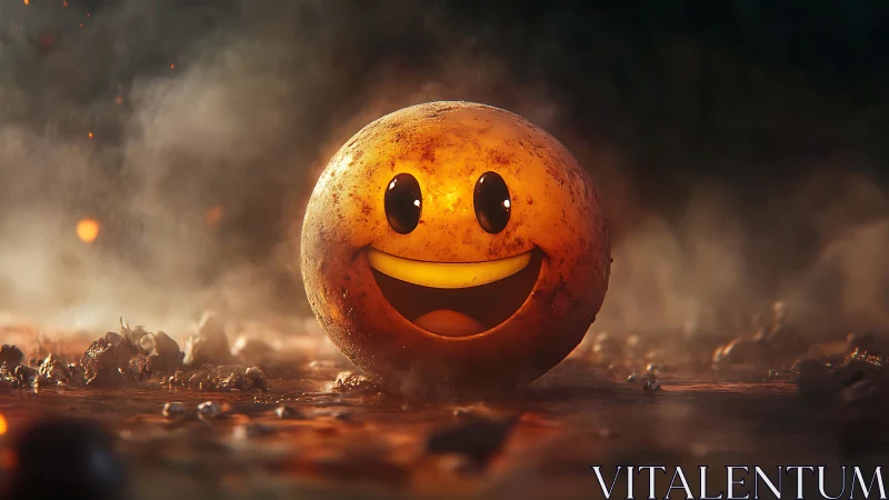 Smiling ember-orb grins stubbornly through the smoky gloom