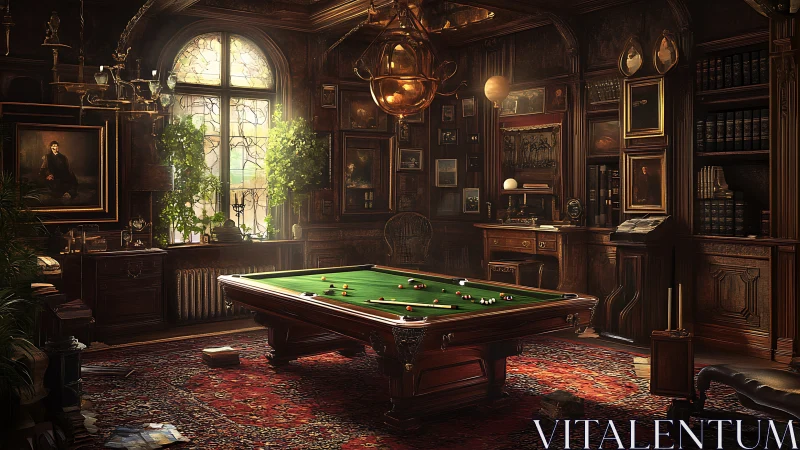 Victorian billiards library with atmospheric optical lighting.