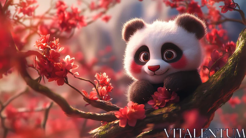 Young panda-like creature on flowering tree branch.