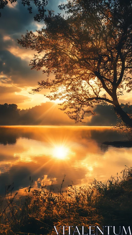 Golden lake sunrise gently warms a quiet tree lined shore