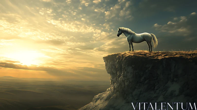 White horse standing on a sunlit cliff above wide valley.