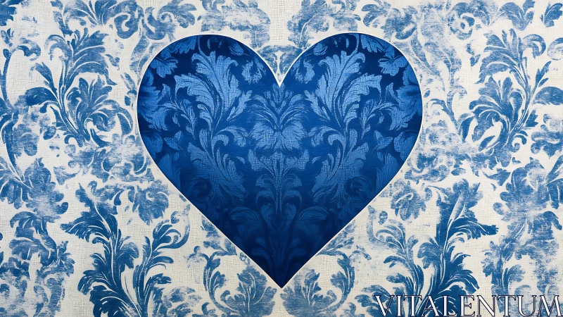 Blue heart shape cutout on damask fabric wallpaper.